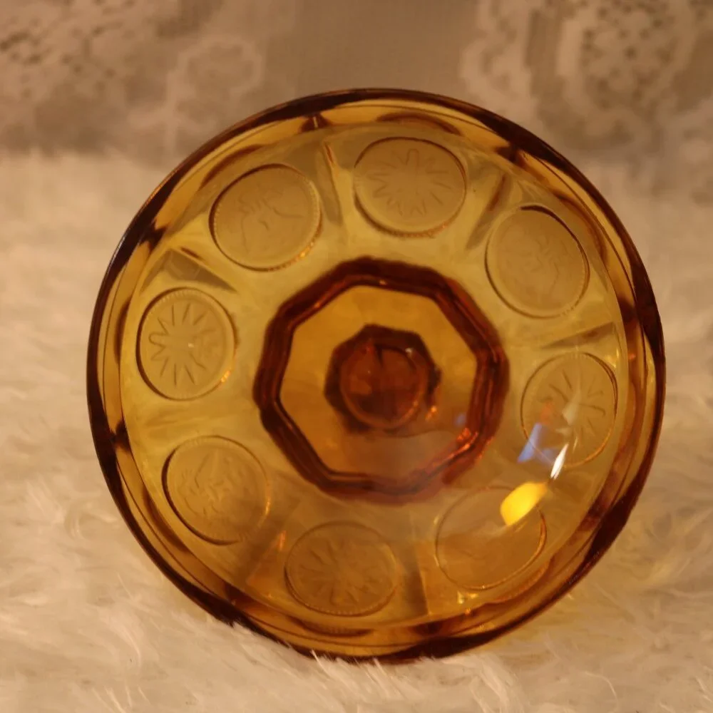 This Fostoria Amber candy dish coin glass vtg 70s beautiful liberty coins
